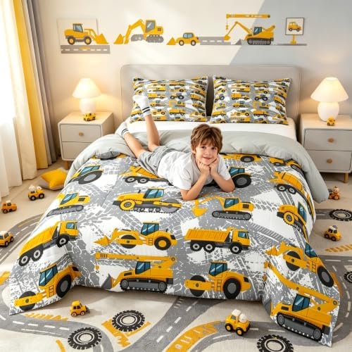 Castle Fairy Boys Truck Bedding Set Full Size Comforter for Kids Tractor Comforter Set Toddler Room Decor Car Bed Cartoon Excavator Quilted with 2 Pillow Cases