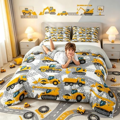 Castle Fairy Kids Truck Comforter Set Queen Size Bedding Sets for Boys Toddler Children Cute Excavator Tractor Comforter Set Construction Machinery Vehicles Duvet Set Baby Boys Vehicles Cars Bed Set