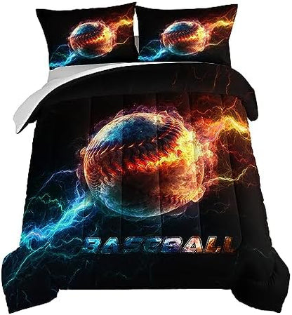 HOSIMA Baseball Comforter for Boys Girls Teens,Flame Lightning Full Size Bed in a Bag Sports Themed Bedroom Decor,Dorm Room Essentials for College Students Boys Soft Microfiber Black Comforter.