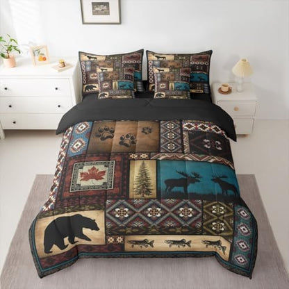 Rustic Cabin 7 Pieces Bedding Set King Size,Hunting Bear Deer Bed in a Bag,Southwestern Aztec Bed Set Includes Comforter,Sheet Set,Pillowcases & Pillow Covers,Farmhouse Tribal Bohemian Bedroom Decor