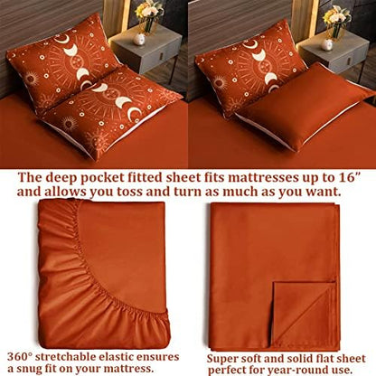 Celestial Bdding 7 Pieces Burnt Orange Comforter Set Boho Bedding Witchy Bedding Set Hippie Bed Set Starry Galaxy Comforter Set Sun and Moon Bed Set Queen
