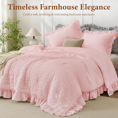 JOLLYVOGUE Pink Seersucker Queen Comforter Set, 3 Pieces Bed in a Bag Comforter Set, Lightweight & Fluffy Bedding Sets Queen for All Season with 1 Ruffle Comforter and 2 Ruffle Pillowshams
