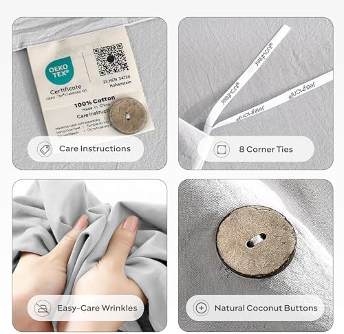 JELLYMONI 100% Washed Cotton Pale Grey Duvet Cover Full, Linen-Like