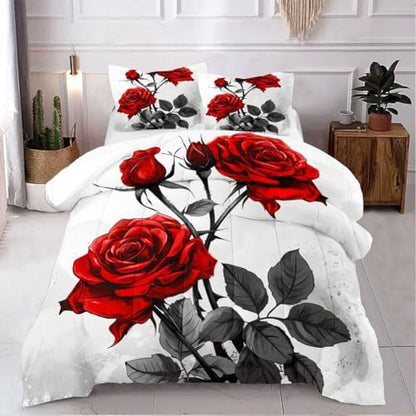 CCoutueChen Floral Comforter Set Red Rose Green Botanical Bedding King