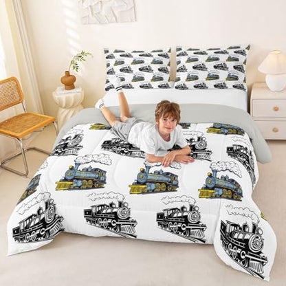 Feelyou Blue Vintage Train Comforter Set Full Size Retro Steam Locomotive Down Bedding Set for Kids Boys Girls Transportation Vehicles Duvet Quilt Bedroom Decor Microfiber 3 Pcs with 2 Pillow Cases