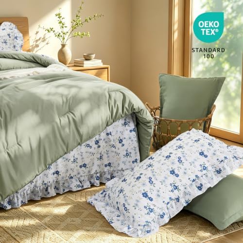 WONGS BEDDING 8PC King Comforter Set, Ruffle Comforter with Floral Sheets