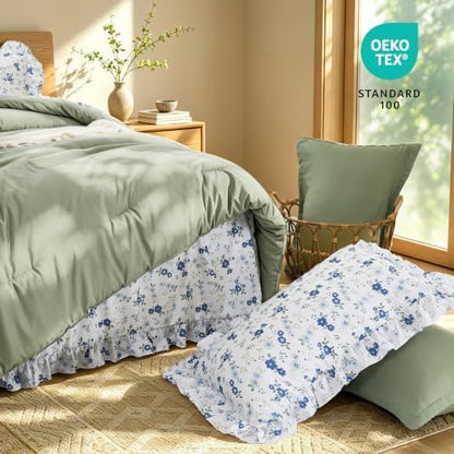 WONGS BEDDING 8PC King Comforter Set, Ruffle Comforter with Floral Sheets
