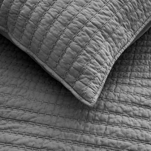WDCOZY 100% Cotton Queen Size Quilt Set, Channel Pick Stitch, Grey