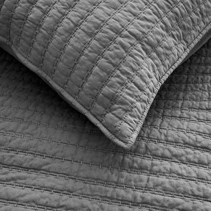 WDCOZY 100% Cotton Queen Size Quilt Set, Channel Pick Stitch, Grey