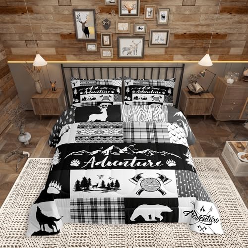 Castle Fairy Rustic Farmhouse Comforter Set Twin Size,Deer Bear Wolf Wild Animals Hunting Bedding Set for Kids Boys Men,Adventure Plaid Black Check Tribal Quilted Duvet Set with 1 Pillowcase