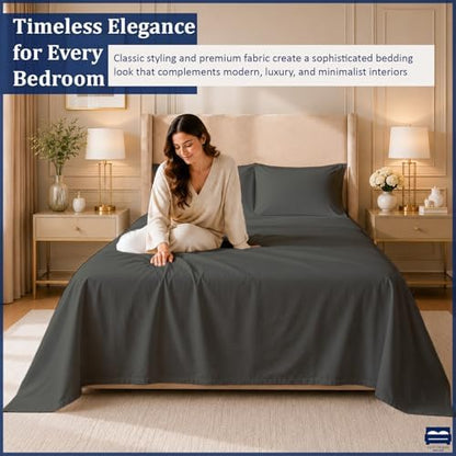 4 Piece Full XL Dorm Bedding Set for College, Egyptian Cotton, Dark Grey
