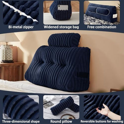 Rycwola Faux Fur Headboard Pillow with 1 Pack Neck Roll Pillow Large Headboard Pillow Soft and Supportive with Removable Cover (Blue, Twin)