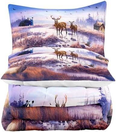 LUVIVIHOME 3PCS Cabin Comforter Set Full Size, Mallard Duck Elk Moose Black Bear Deer Bedding, Lake Forest Animal Wildlife Hunting Hunter Country Lodge Rustic Farmhouse Bedding, 2 Pillow Shams