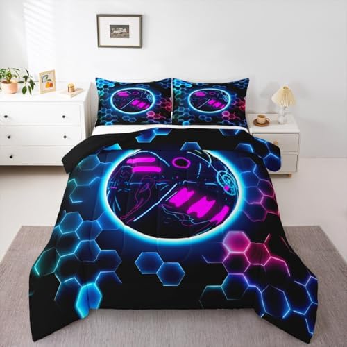 Erosebridal Bowling Games Bedding Sets King - Neon Ball Game Comforter Set for Kids Adults Hexagon Honeycomb Duvet Insert Modern Geometric Quilt