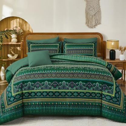 Green Boho Comforter Set Full Size,8 Pieces Striped Bed in a Bag