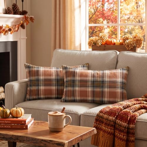 AVOIN colorlife Fall Caramel Brown Plaid Decorative Throw Pillow Covers, 12 x 20 Inch Holiday Scottish Tartan Cushion Case Farmhouse Decoration for Sofa Couch Set of 2