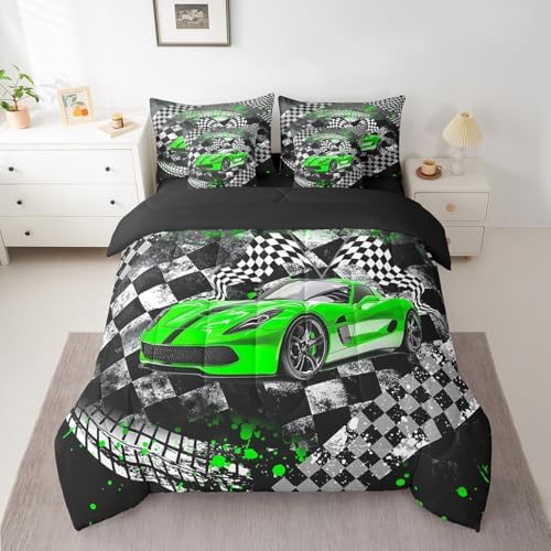 Racing Kids Boys Comforter Set 7 Pieces,Cartoon Car Sport Bed Set,Cool Race Car Teens Men Bedding Bed in a Bag Soft,Full (1 Comforter,2 Pillowcase,2 Pillow Covers,1 Flat Sheet,1 Fitted Sheet)