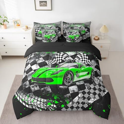 Racing Kids Boys Comforter Set 7 Pieces,Cartoon Car Sport Bed Set,Cool Race Car Teens Men Bedding Bed in a Bag Soft,Full (1 Comforter,2 Pillowcase,2 Pillow Covers,1 Flat Sheet,1 Fitted Sheet)