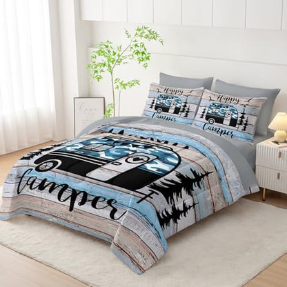 HOSIMA 7Pcs Happy Camping Full Comforter with Sheet Set for Room Decor.