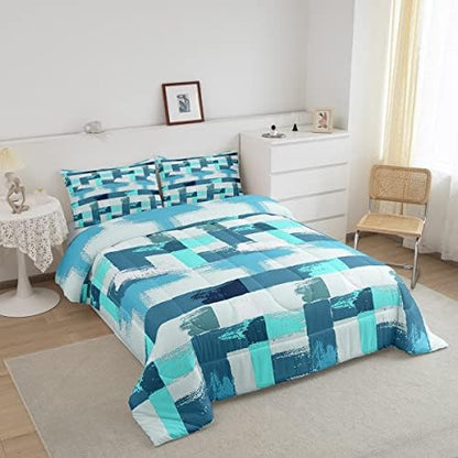 Turquoise Comforter Set Twin Size Teal Comforter Blue Grey Grunge Ombre Bedding Set For Kids Boys Girls Adults Bedroom Decor Abstract Buffalo Plaid Contemporary Quilt Duvet Insert with 1 Pillowcases