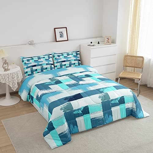 Feelyou Teal Blue Stripes Comforter Set for Girls Boys Kids Turquoise Stripe Line Bedding Set Geometric Down Comforter Room Decor Abstract Art Gradient Ombre Quilt King Size Duvet Set 3Pcs Boys