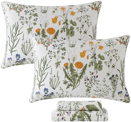 FADFAY 100% Egyptian Cotton Sheets Queen Botanical Printed Floral Sheets Yellow Flowers & Leaves Pattern Farmhouse Bedding Soft and Breathable French Country Bedding 4Pcs Deep Pocket Queen Sheet Set
