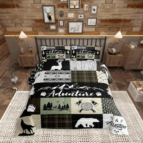 Castle Fairy Deer Antlers Comforter Set Twin Size,Bear Pine Arrow Hunting Adventure Bedding Set for Kids Boys Men,Camper Retro Green Plaid Checkered Quilted Duvet Set with 1 Pillowcase