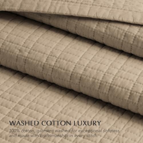 EverGrace 100% Cotton Modern Grid Stitch Quilt Set, Queen Size, Stone Taupe