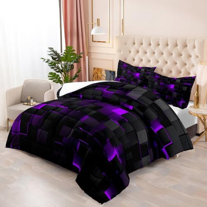 Geometric Violet Black Comforter Set,Light Honeycomb 3 Piece Bedding Set Queen Size for Teen Boys,Modern Bedding Quilt Set Geometry Decor,Microfiber Lightweight 1 Comforter 2 Pillowcases All Season