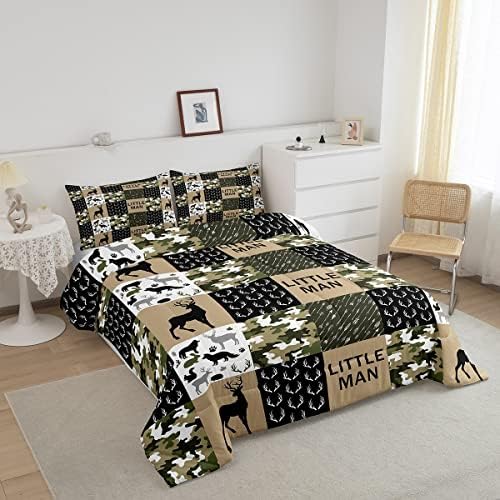 Manfei Deer Antlers Animals Silhouette Comforter Set Queen,Camo Geometric Checks Bedding Set 3pcs for Kids Adults Room Decor,Nordic Boho Arrow Quilt Set,Vintage Green Duvet Insert with 2 Pillowcases