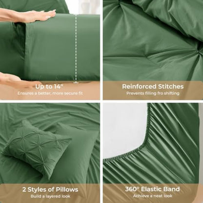 Sasttie Full Size Comforter Set, 7-Piece Bed in a Bag Double, Pintuck Bedding Set for All Season, Includes Comforter, Flat Sheet, Fitted Sheet, Pillowcases and Pillowshams, Forest Green