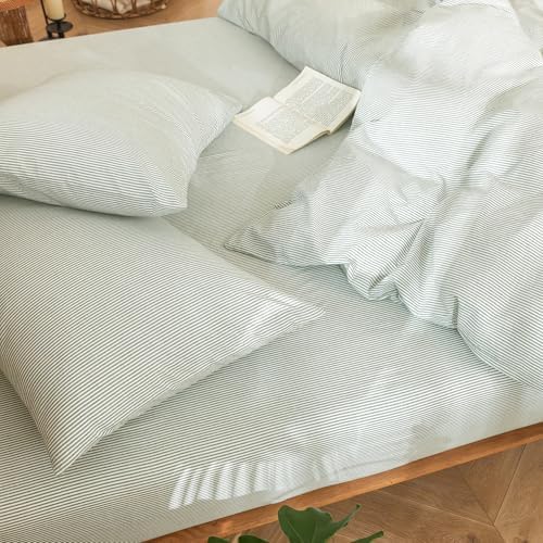 MooMee Striped Duvet Cover Set 100% Washed Cotton Linen Like Alaska King