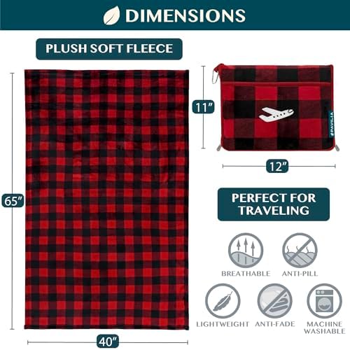 PAVILIA Travel Blanket and Pillow, Soft Ribbed Fleece Airplane, Plaid Red