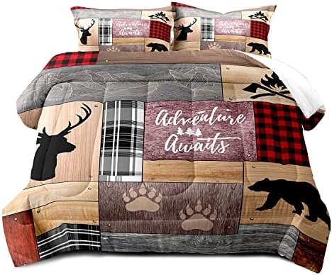 LUVIVIHOME 3PCS Rustic Cabin Comforter Set Queen Size, Farmhouse Bedding, Black Bear Deer Elk Moose Forest Animal Wildlife Hunting Country Brown Patchwork White Red Plaid Lodge Quilt, 2 Pillow Shams