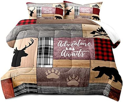 LUVIVIHOME 3PCS Rustic Cabin Comforter Set Queen Size, Farmhouse Bedding, Black Bear Deer Elk Moose Forest Animal Wildlife Hunting Country Brown Patchwork White Red Plaid Lodge Quilt, 2 Pillow Shams