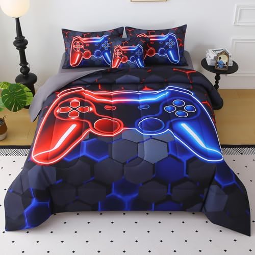 JQinHome Twin Gaming Bedding Set 6-Piece Comforter for Kids Teens - 3D Video Game Console Print Bed in a Bag with Ultra-Soft Fluffy Sheets, Red-Blue Unisex Design (Twin)
