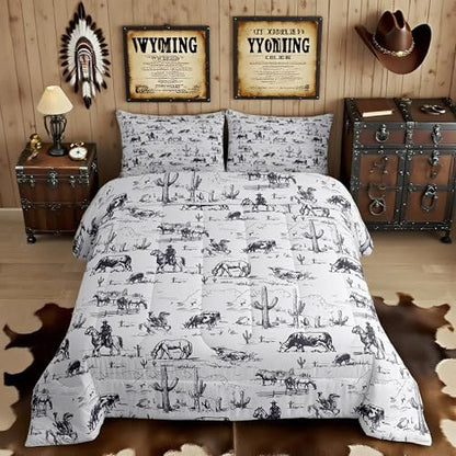 Feelyou Western Comforter Set Queen Size, White and Black Cowboy Cow Bedding Set Cowboy Comforter Desert Cactus Duvet Set Soft Bed Set 3Pcs