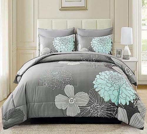 Yiran 7 Pieces Bed in a Bag Floral Comforter Set Green Flowers Bedding Set Soft Microfiber King Boho Comforter Sets with 1 Comforter 1 Flat Sheet 1 Fitted Sheet 2 Pillowshams and 2 Pillowcases