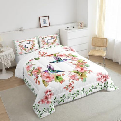 Homewish Spring Hummingbird Comforter Set King Size,Cherry Blossom Bedding 3pcs, Green Leaves Botanical Quilted Duvet Nature Animals Insert,2 Pillowcases (TYTS6656ZMD-BZ_USk)