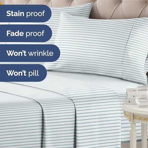 Cal King 4 Piece Striped Sheet Set - Breathable & Cooling - Ocean Stripe
