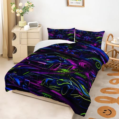 AILONEN Full Comforter Set 3 Piece, Electric Motorsport Graphic Futuristic Speed Scene, Smooth Microfiber Down Alternative Quilt with 2 Pillowcases for Studio Bedroom