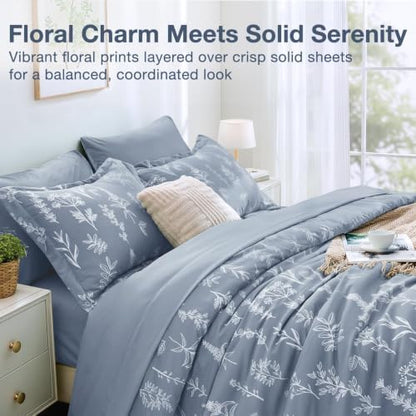 MUXHOMO Light Grey King Comforter Set, Elegant Floral Print Bed in a Bag 7 Pieces, Ultra Soft & Breathable Reversible Botanical Pattern Bedding Set with Comforter, Sheets, Pillowcases, and Shams