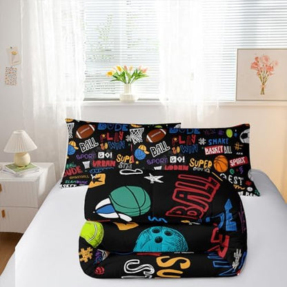 Nttopship Sports Ball King Comforter Set,Football Rugby Basketball Bedding Set for Kids Boys Girls Youth Ball Sports Themed Bedroom Decor Bedding Set 3 Pcs Bed in A Bag (1 Comforter, 2 Pillow Case)
