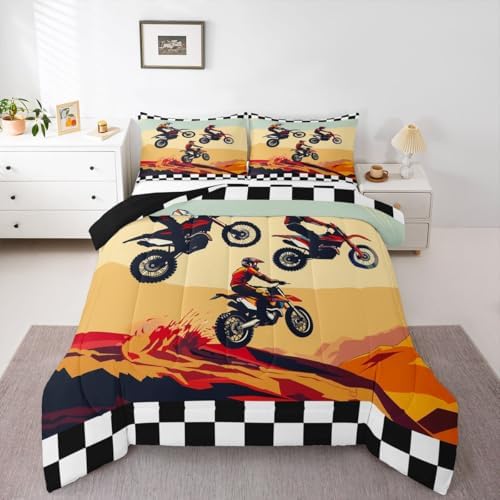 Feelyou Multi-Rider Motocross Comforter Set Full Desert Racing Dirt Bike Bedding Set Checkered Flag Duvet Quilt for Boys Girls Room Off-Road Racing Design Decor Outdoor Sports Soft Breathable