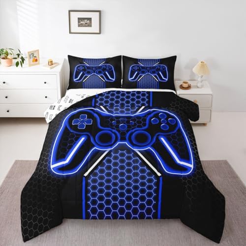 Feelyou Blue and Black Bedding Set King Size Gamer Comforter Set for Kids Game Controller Comforter Teens Honeycomb Duvet Set