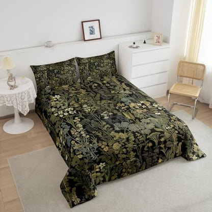 Retro Botanical Comforter Set Twin Size,Dark Green Leaves Bedding Sets 2Pcs for Kids Teens Adult Room Decor,Tropical Fern Plants Quilted Duvet Rustic Farmhouse Style Down Comforter,1 Pillowcase