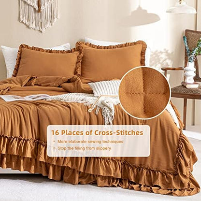 Masaca Pumpkin Color Ruffle Comforter Queen Size,Farmhouse Shabby Boho Chic Queen Bedding Comforter Set,3pcs Ultra Soft Fluffy Brown Orange Comforter Sets for Queen Bed with 2 Ruffled Pillowcases