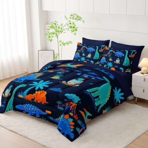 HOSIMA Cute Dinosaur 7 Pieces King Bedding Set for Kids Boys Room Decor.