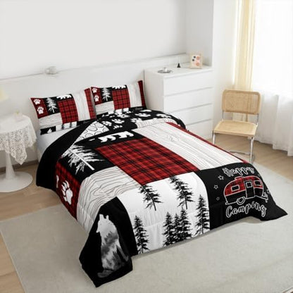 Woodland Animal Bedding Set,Buffalo Plaid Red and Black Comforter Set Twin,Bear Wolf Wildlife Rustic Cabin Bedding Comforter Sets for Boys Girls Camper Decor,Jungle Pine Tree Patchwork Quilt