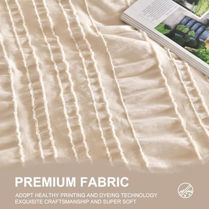 DHSFKBE Beige Tufted Comforter Set Queen Size 7 Piece Bed in a Bag，Shabby Chic Boho Bedding for Bedroom Comforter，All Season Soft Microfiber Ruffle Comforter Set with Pillow and Sheets